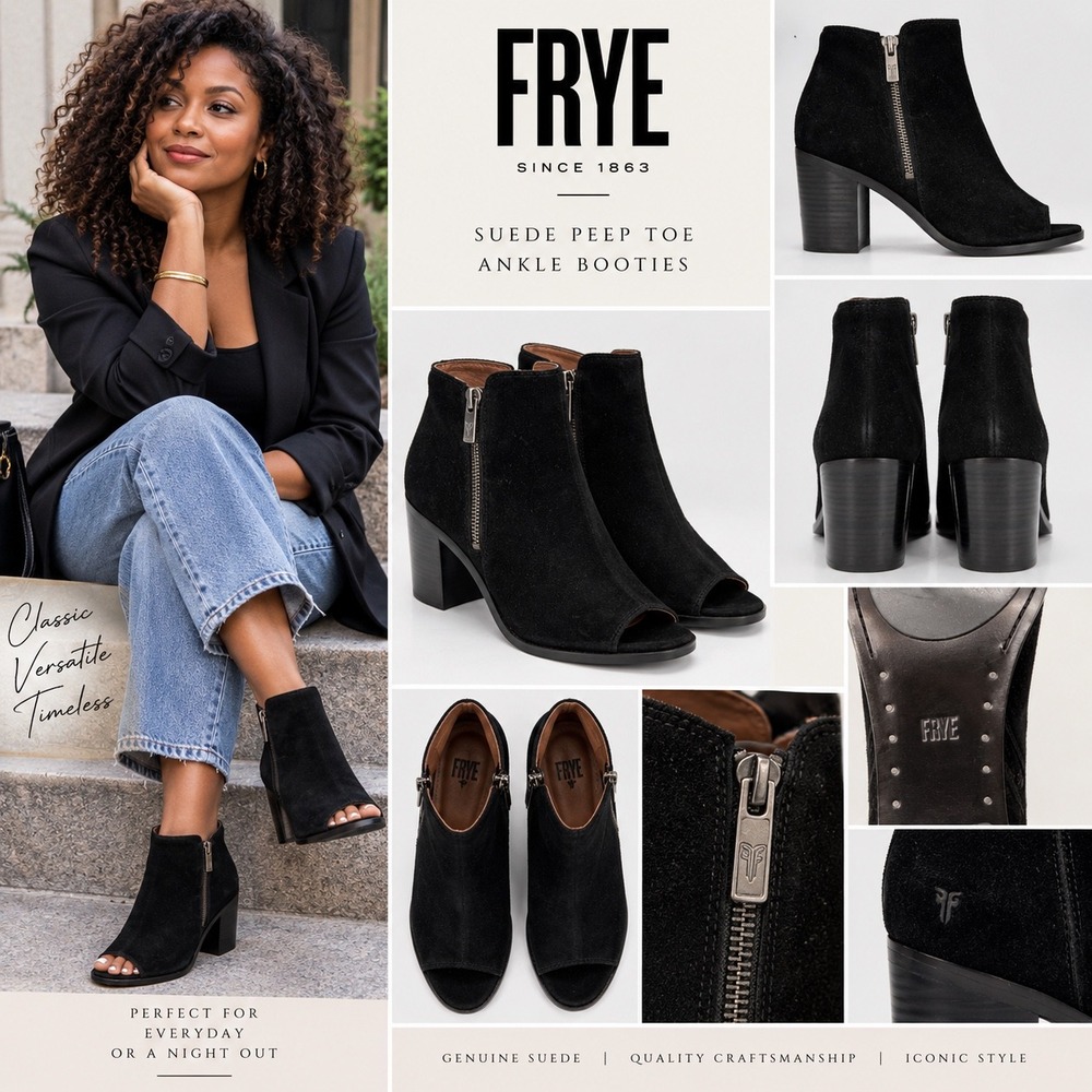 Frye Peep Toe Booties Womens 9.5 Black New Suede Block Heel Ankle Boots